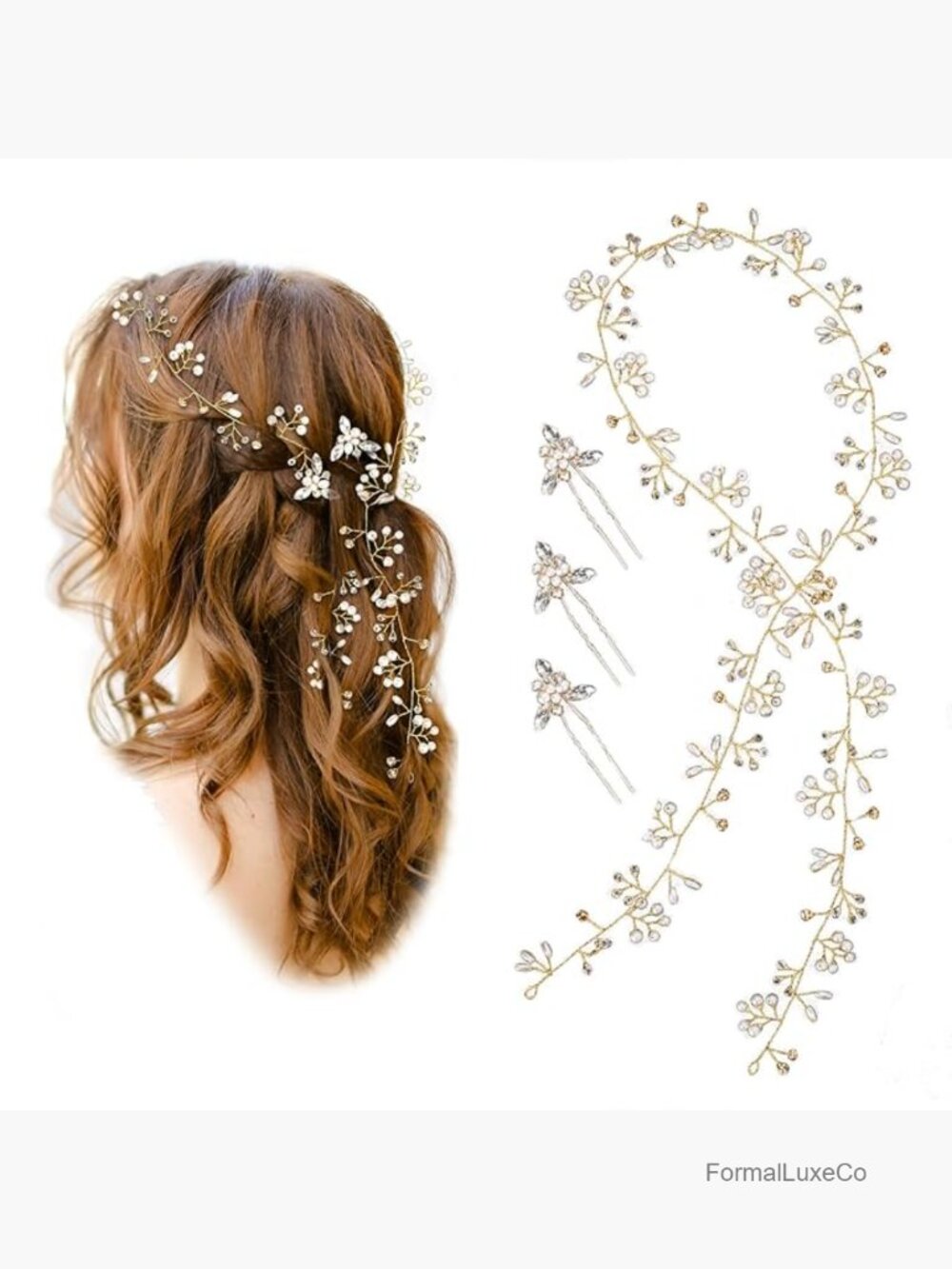 Crystal Pearl Hair Vine Headband 40in Long with 3 Hair Pins